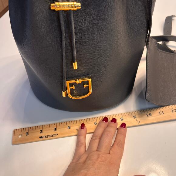 Furla Corona Gray Leather Gold-tone Metal Drawstring Bucket Handbag - Picture 11 of 11